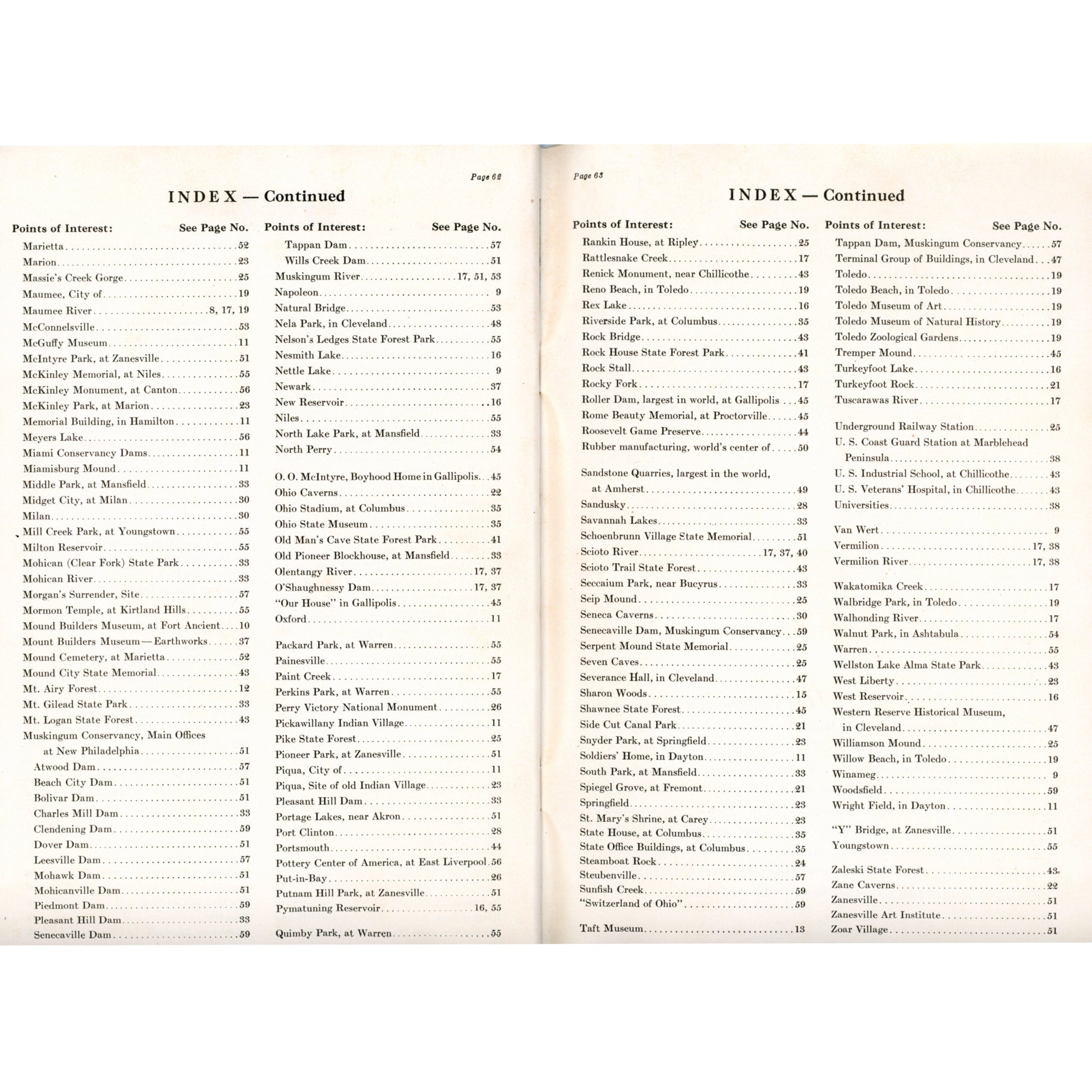 Let’s Explore Ohio – 1941 SOHIO Travel Guidebook (3rd Edition) Index