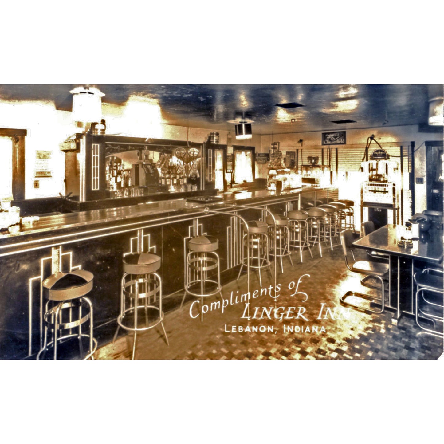 Rare RPPC of Linger Inn Lebanon Indiana, 1930s Art Deco bar interior with vintage advertising and chrome fixtures.