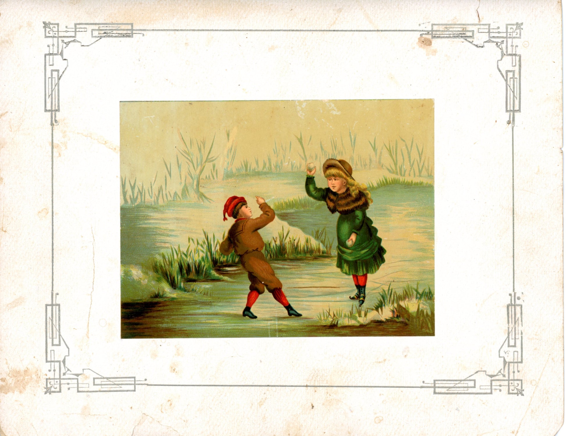 Victorian Era CHROMOLITHOGRAPH Wintertime Scene of Children Circa 19th Century 