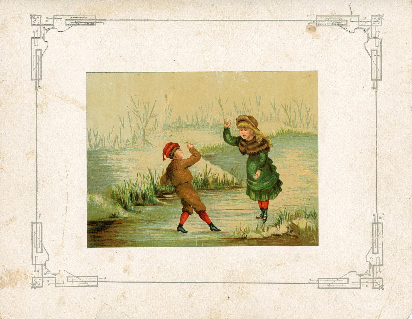 Victorian Era CHROMOLITHOGRAPH Wintertime Scene of Children Circa 19th Century PHOTO 2