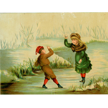 Cromolitografía de escena de niños victorianos lanzando bolas de nieve – Lámina "Recompensa al Mérito" c1895