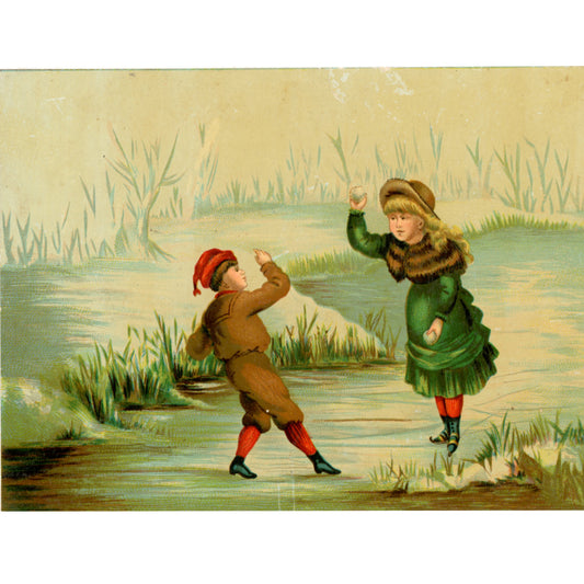 Victorian Children Snowball Scene Chromolithograph – Reward of Merit Print c1895