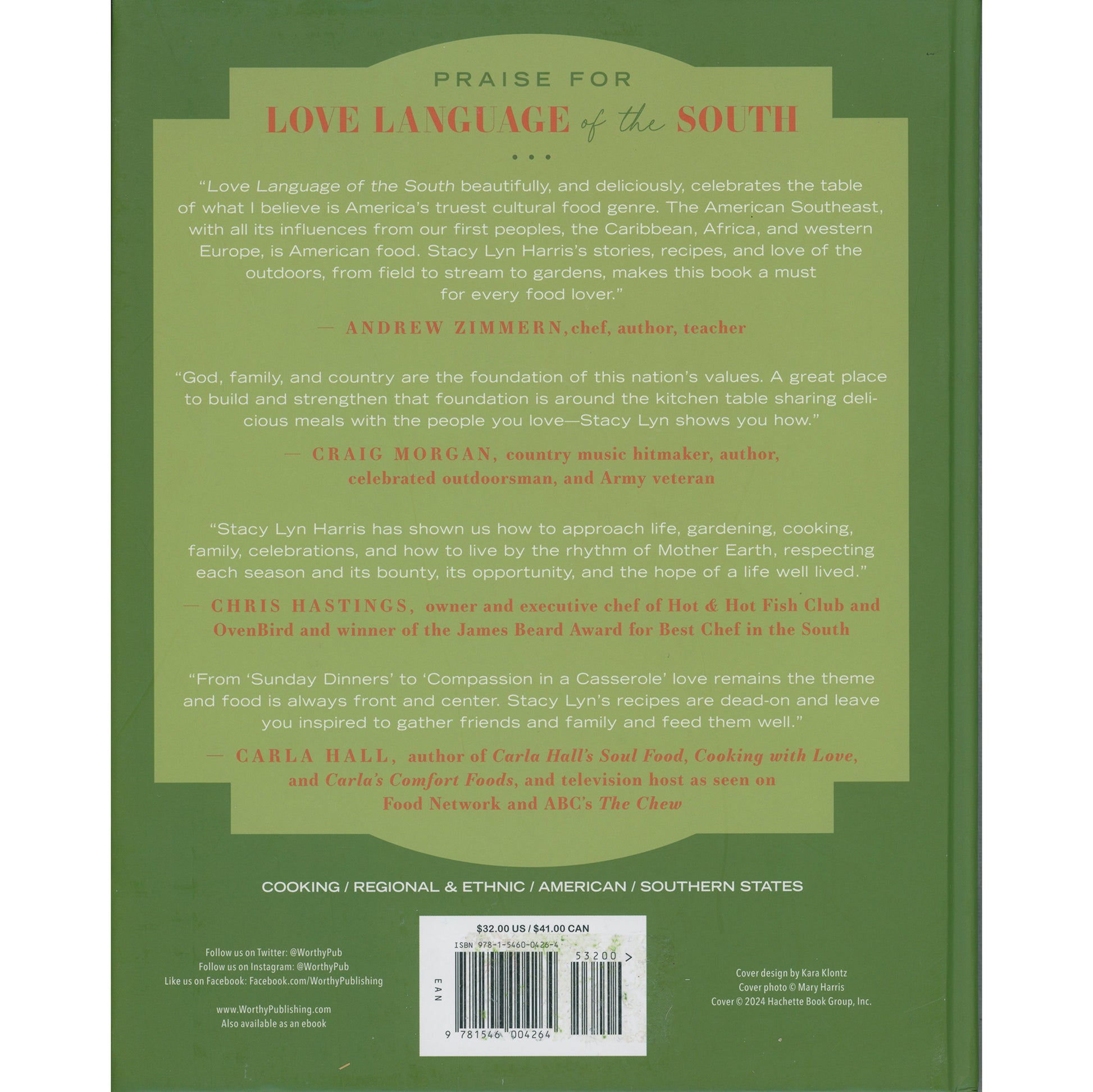 Stacy Lyn Harris’s 2024 Southern cookbook featuring 80+ recipes, hospitality tips, and full‑page photography. Near‑mint hardcover. Cover Back