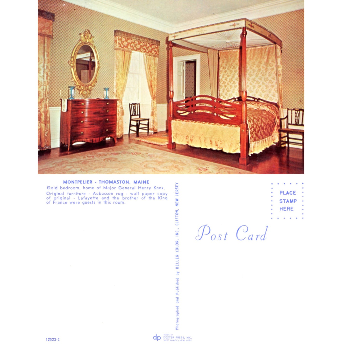 Montpelier Knox Mansion Gold Bedroom Thomaston Maine | Dexter-Henderson Vintage Chrome Postcard Front and Back