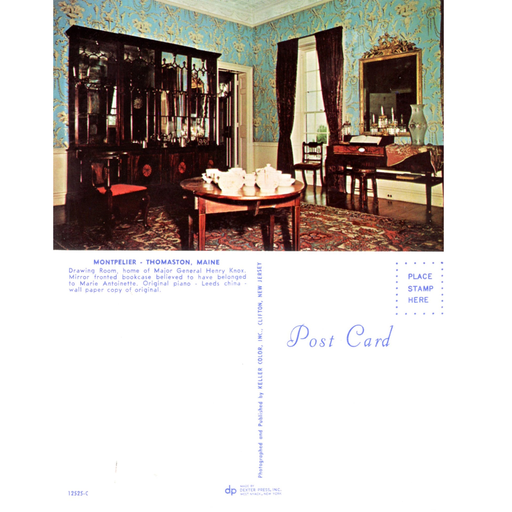 Montpelier Knox Mansion Gold Bedroom Thomaston Maine | Dexter-Henderson Vintage Chrome Postcard Front and Back