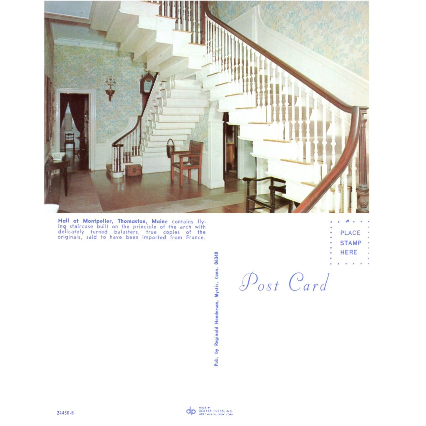 Montpelier Knox Mansion Main Hall Flying Staircase Thomaston Maine | Reginald Henderson Vintage Chrome Postcard Front and Back