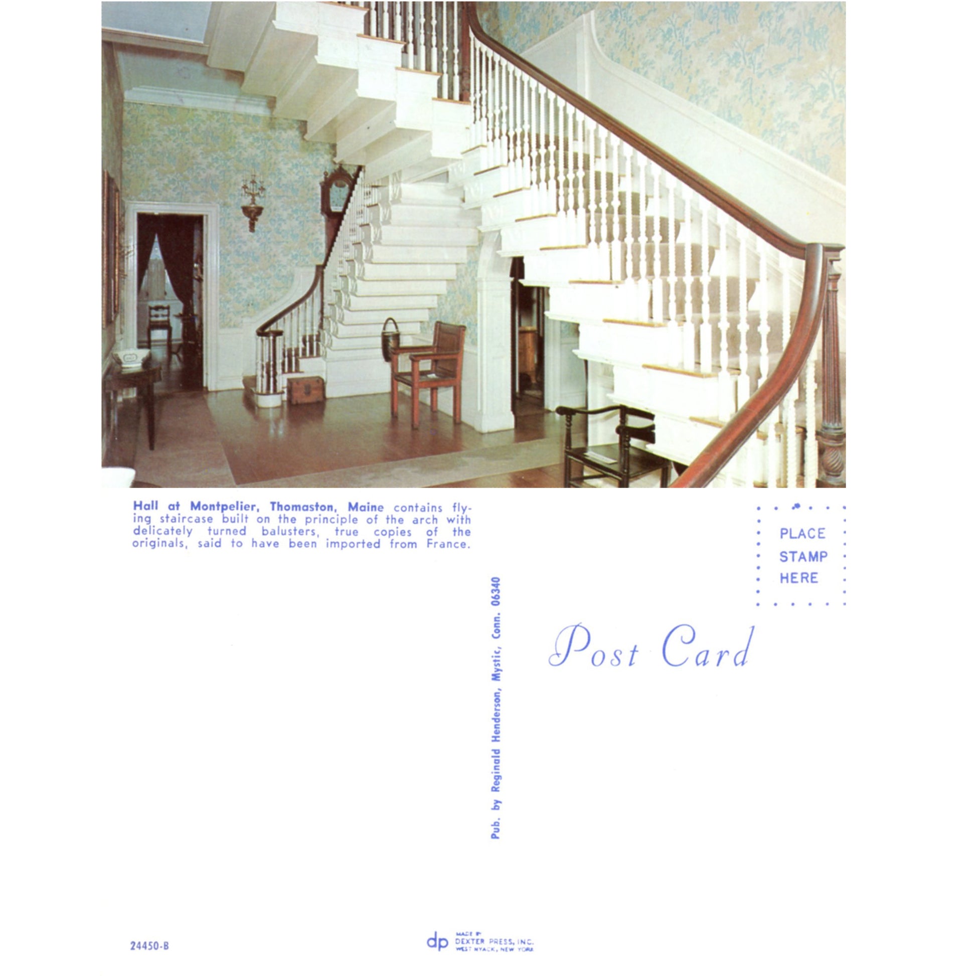 Montpelier Knox Mansion Main Hall Flying Staircase Thomaston Maine | Reginald Henderson Vintage Chrome Postcard Front and Back