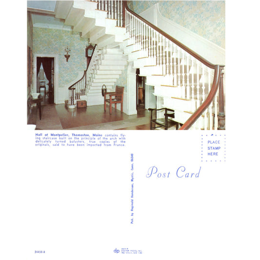 Montpelier Knox Mansion Main Hall Flying Staircase Thomaston Maine | Reginald Henderson Vintage Chrome Postcard Front and Back