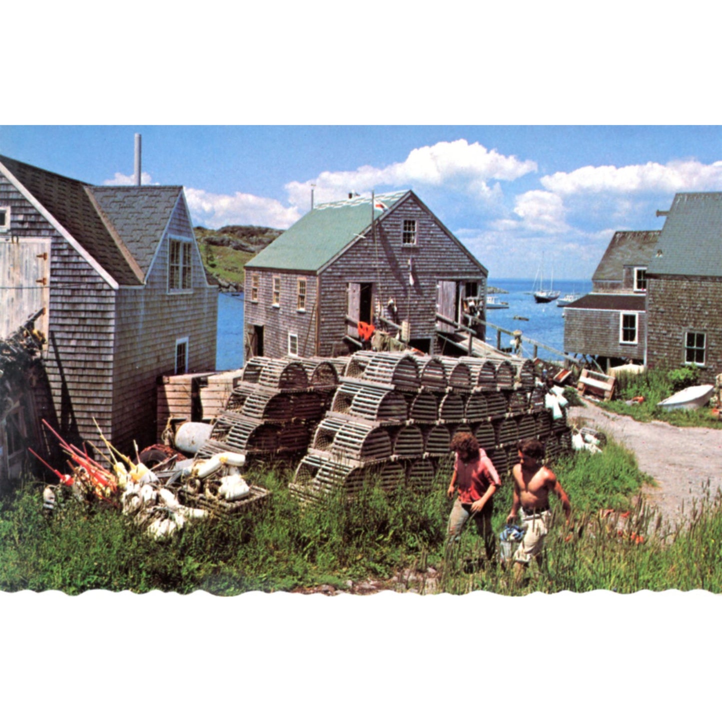 Typical Fishing Village, Lobster Traps & Fishing Shacks on Monhegan Maine Coast | Vintage Chrome Postcard