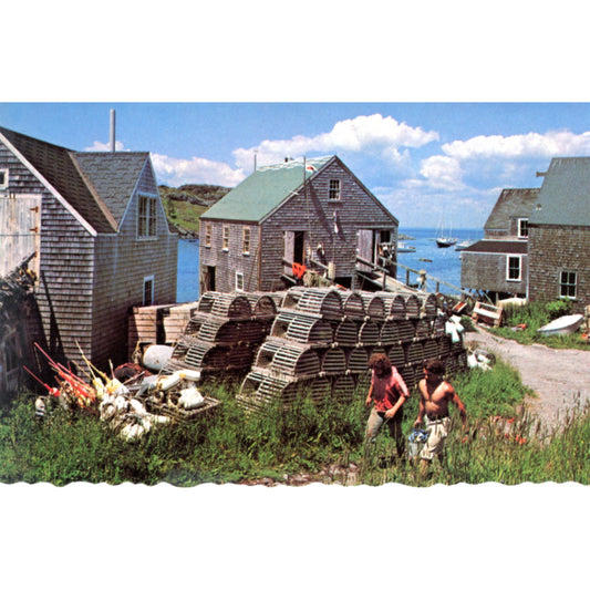 Typical Fishing Village, Lobster Traps & Fishing Shacks on Monhegan Maine Coast | Vintage Chrome Postcard