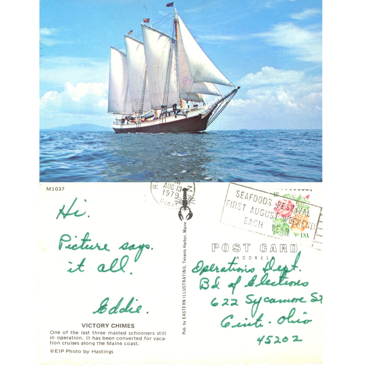 Victory Chimes – Three‑Masted Schooner Maine | Eastern Illustrating Vintage Chrome Postcards[poi (Sold choice)
