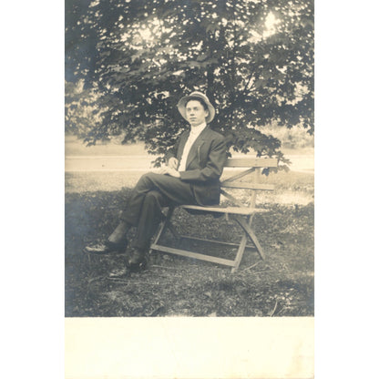 CYKO RPPC Portrait Young Man Bench Antique Real Photo Postcard