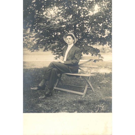 CYKO RPPC Portrait Young Man Bench Antique Real Photo Postcard