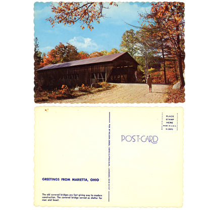 Covered Bridges Postcard Series "Greetings from Marietta Ohio | Nelson Jones Chrome Era K-19970 Front and Back