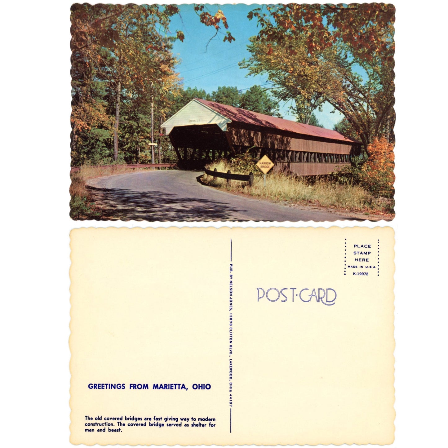 Covered Bridges Postcard Series "Greetings from Marietta Ohio | Nelson Jones Chrome Era K-19972 Front and Back