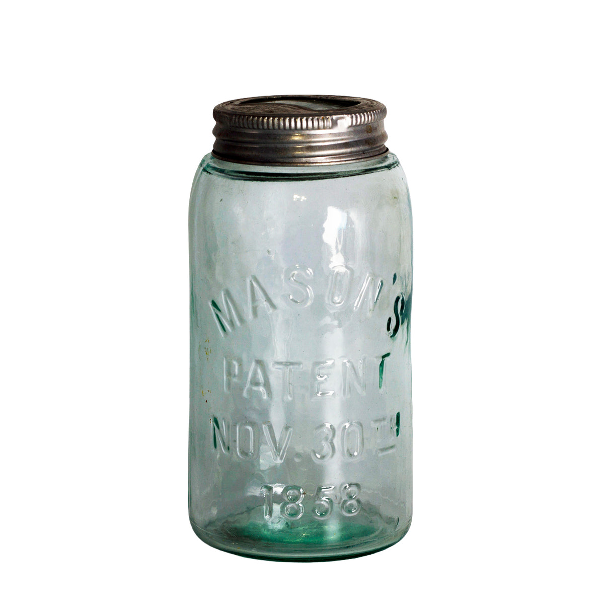 Antique Mason’s Patent 1858 Aqua Glass Jar with Presto Lid Front Shows Patent Date