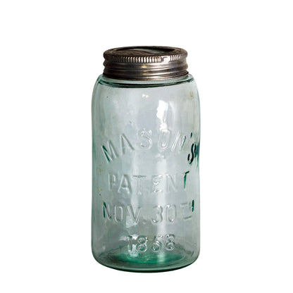 Antique Mason’s Patent 1858 Aqua Glass Jar with Presto Lid Front Shows Patent Date