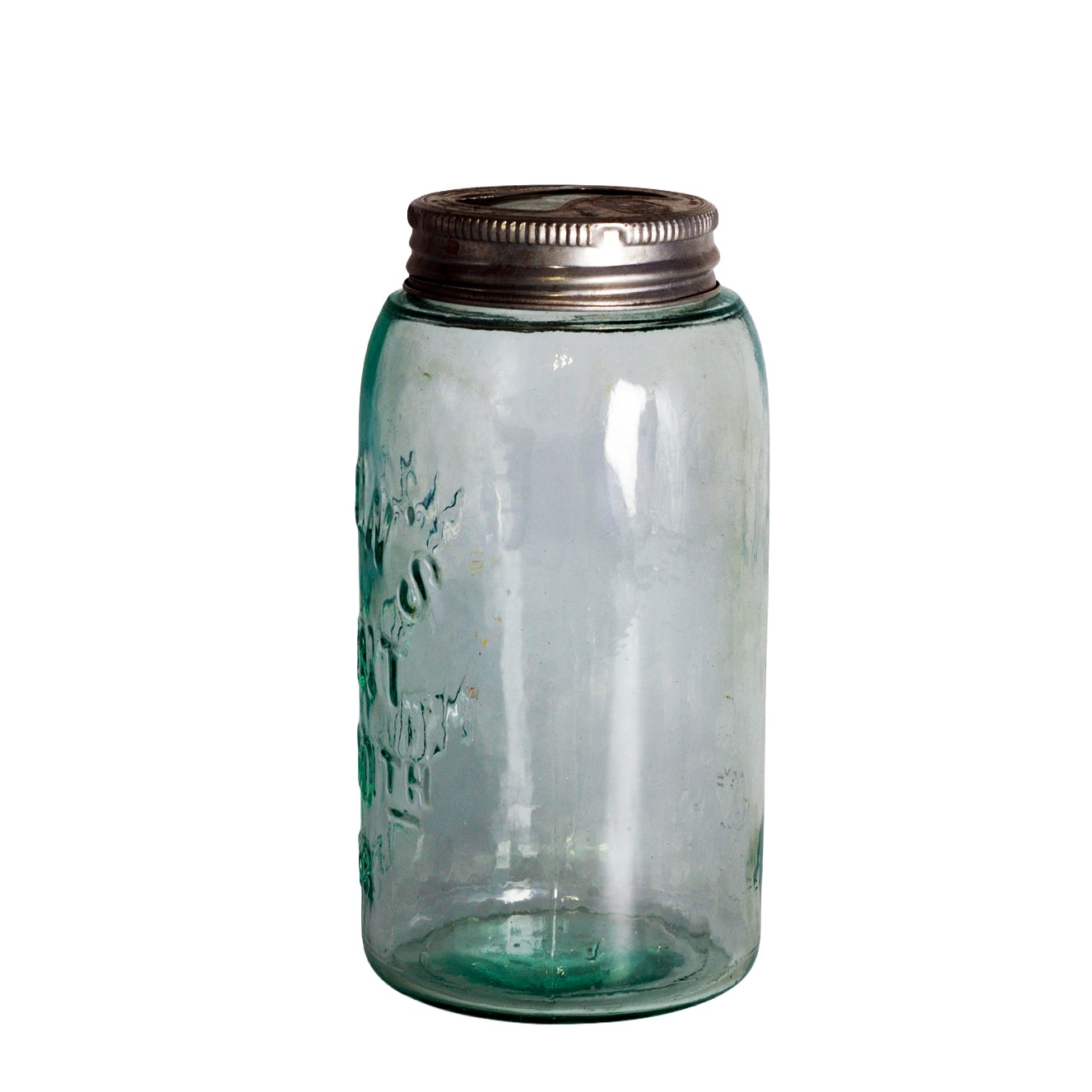 Antique Mason’s Patent 1858 Aqua Glass Jar with Presto Lid Side View