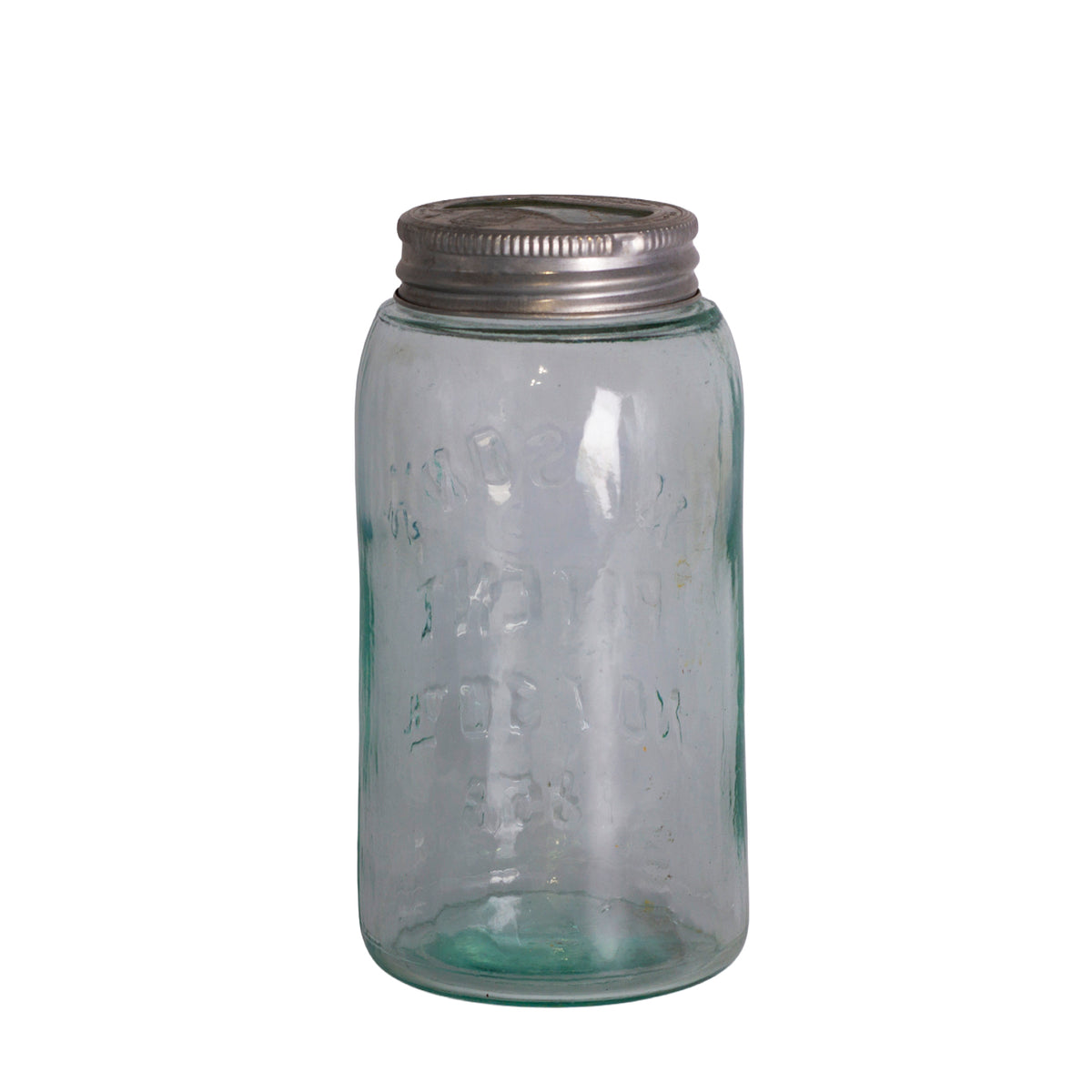 Antique Mason’s Patent 1858 Aqua Glass Jar with Presto Lid Back View
