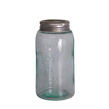 Antique Mason’s Patent 1858 Aqua Glass Jar with Presto Lid Back View