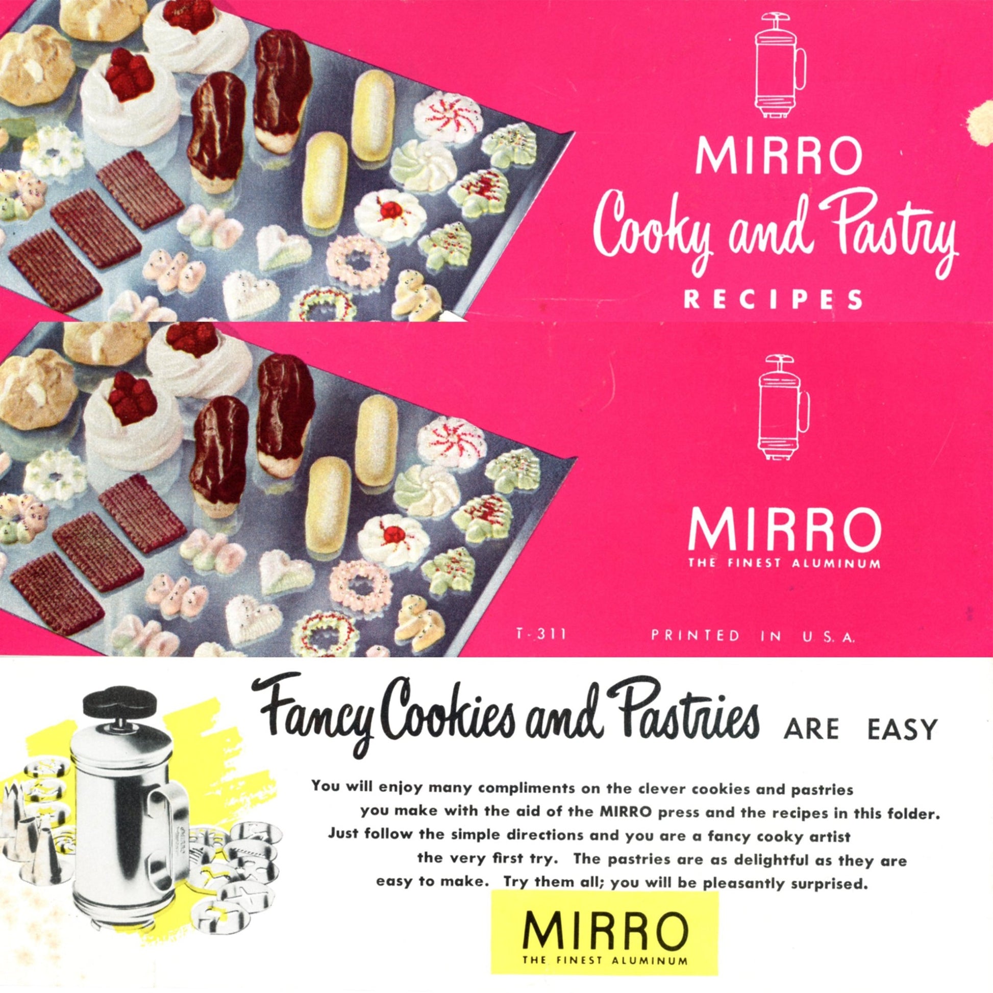 MIRRO Finest Aluminum COOKY & PASTRY PRESS with 12 Discs Original Box & Recipe Booklet Circa 1950