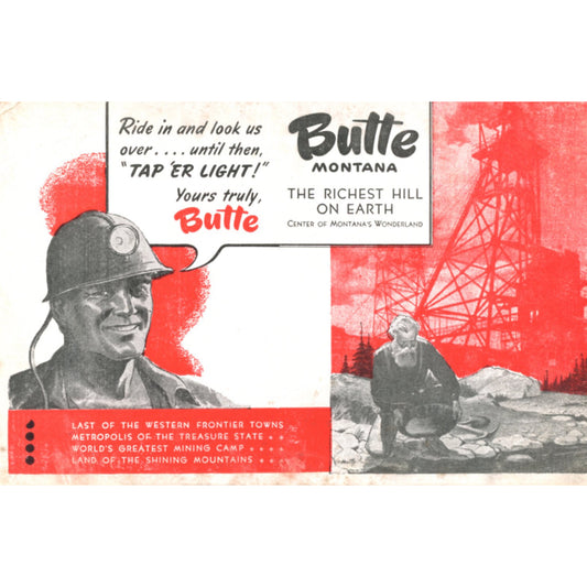 « Tap ’Er Light ! » Butte, Montana – Carte postale de service ferroviaire W.V.S. de la Seconde Guerre mondiale, époque « Linen » – Vers 1942-1945