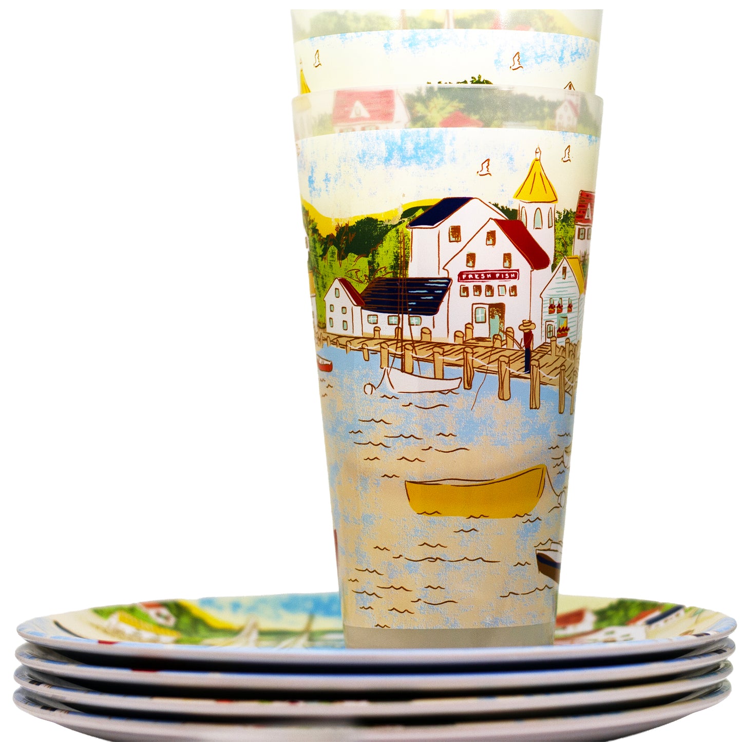Summer Living Nantucket Luncheon Set | Melamine Plates & Tumblers (2)