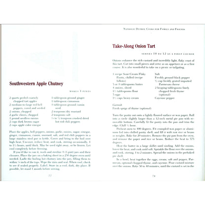A recipe page from 'Nathalie Dupree Cooks for Family and Friends'  First Edition / First Printing for 'Southwestern Apple Chutney' and 'Take-Along Onion Tart,' plus ingredient lists and cooking notes