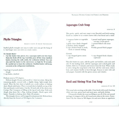 A recipe page from 'Nathalie Dupree Cooks for Family and Friends'  First Edition / First Printing showing 'Asparagus Crab Soup' and 'Basil and Shrimp Won Ton Soup' with ingredient lists, preparation notes.