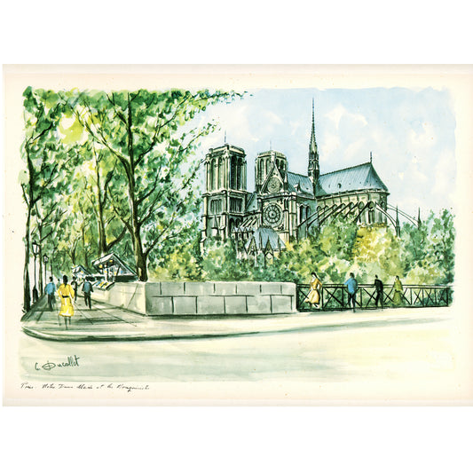 Paris Notre-Dame & Bouquinistes Claude Ducollet print 1950s