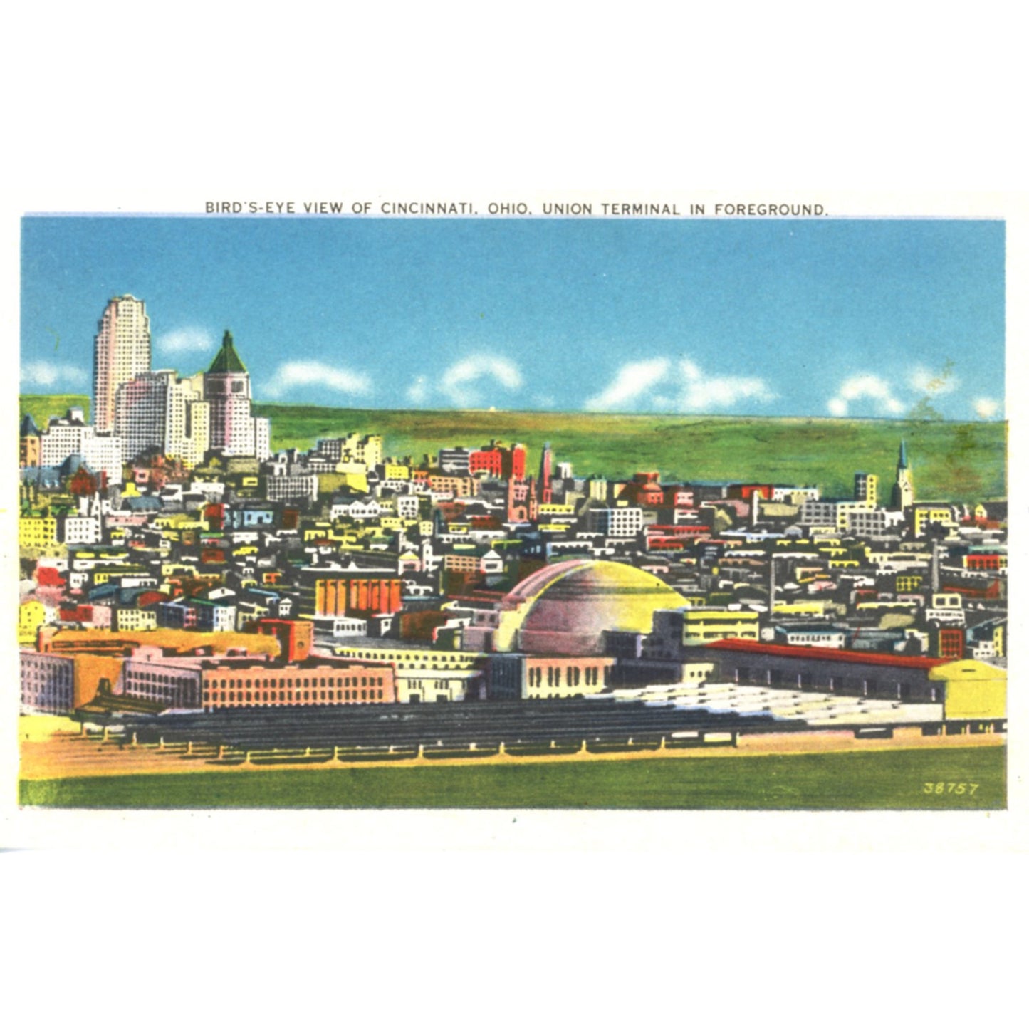 Vintage 1930s linen postcard featuring Cincinnati Union Terminal and skyline panorama. Published by Kraemer Art Cincinnati. Unused condition.