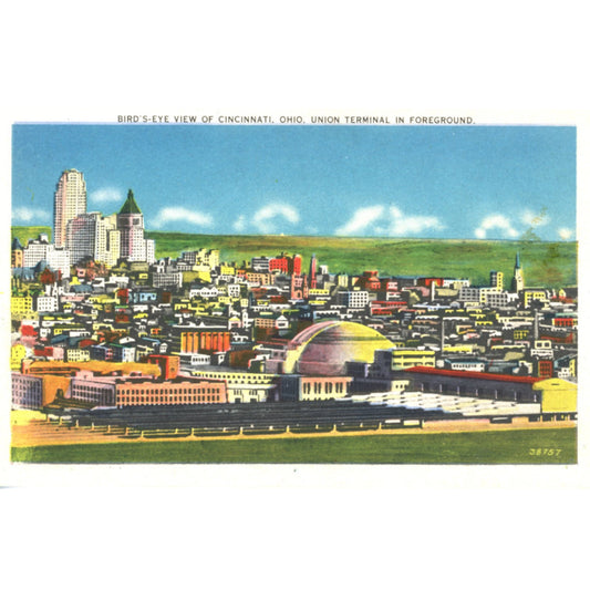 Vintage 1930s linen postcard featuring Cincinnati Union Terminal and skyline panorama. Published by Kraemer Art Cincinnati. Unused condition.
