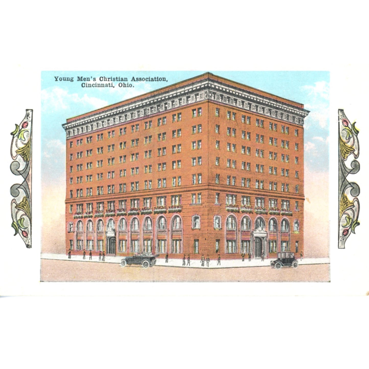 Antique pre-linen color lithograph postcard of the Young Men’s Christian Association in Cincinnati, Ohio, circa 1915–1920.