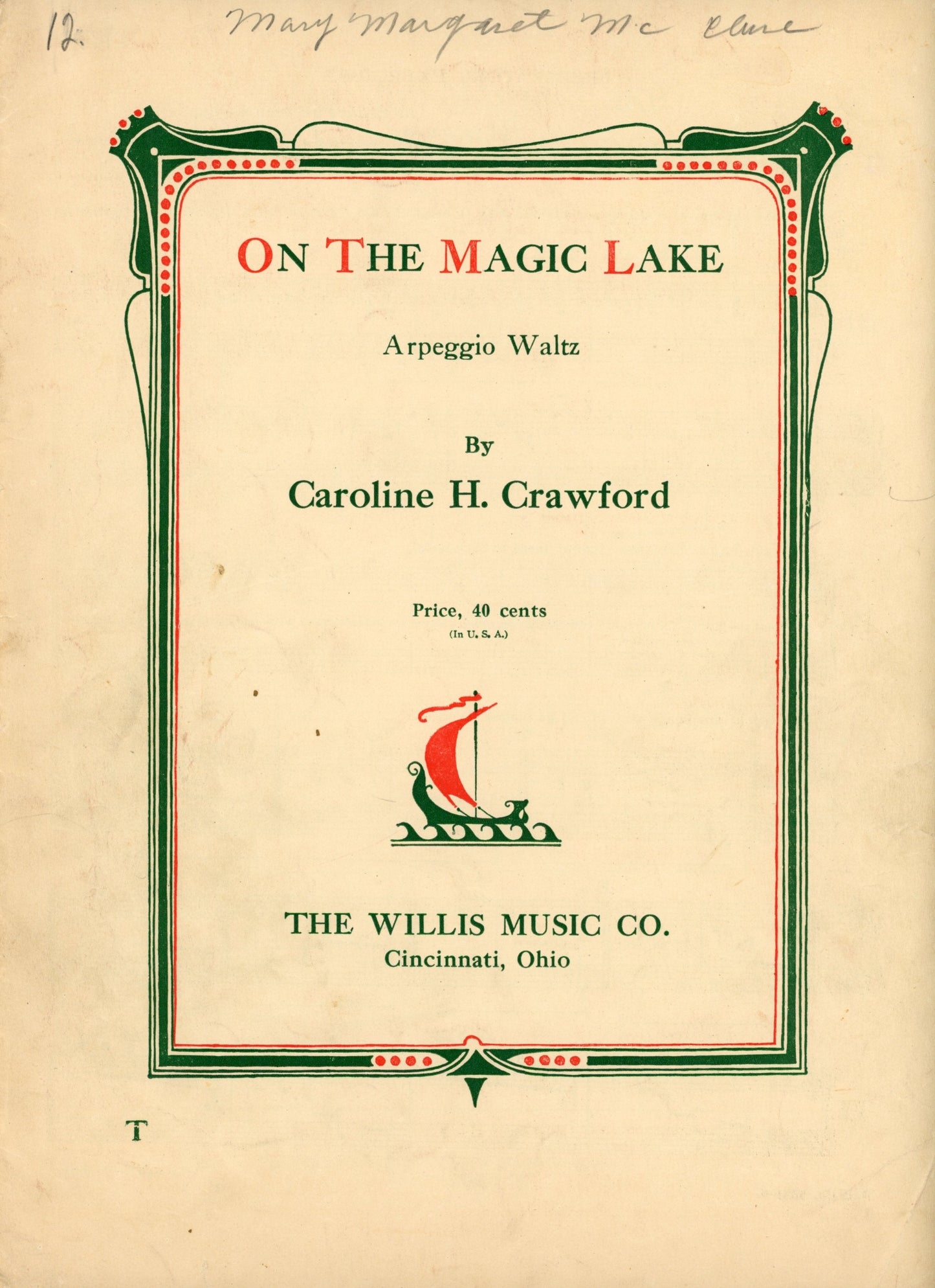 ON THE MAGIC LAKE Arpeggio Waltz Vintage Sheet Music by Caroline H. Crawford ©1931