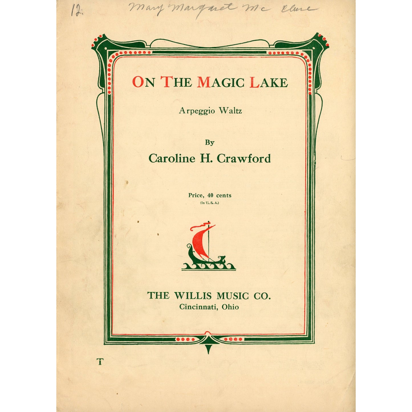 ON THE MAGIC LAKE Arpeggio Waltz Vintage Sheet Music by Caroline H. Crawford ©1931
