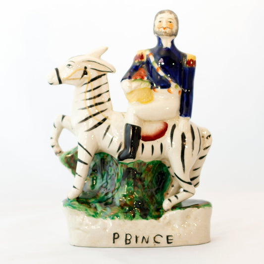 STAFFORDSHIRE French Military Officer P BINCE SEATED ASTRIDE ZEBRA Pottery Figurine