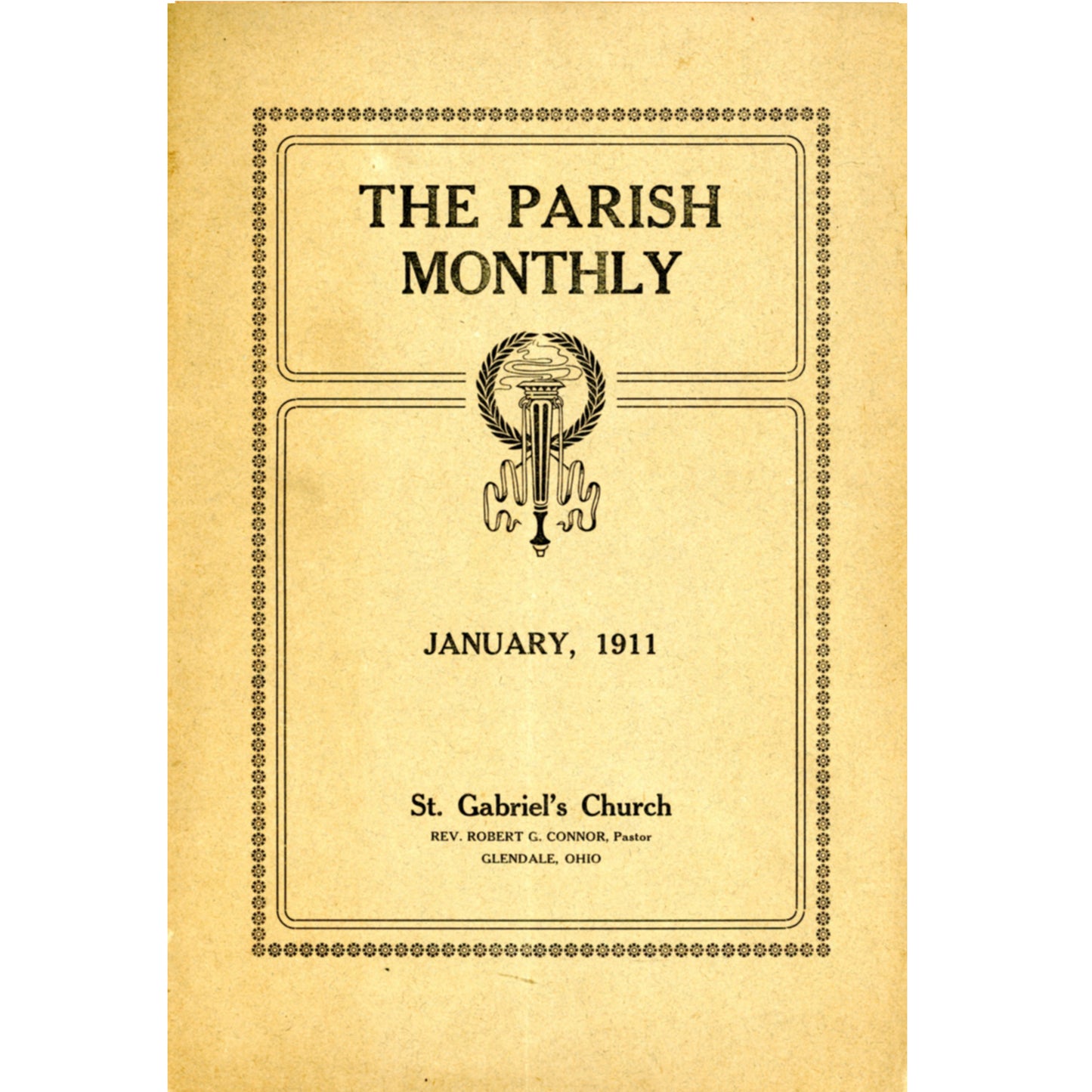 Antique Catholic Parish Monthly dated January 1911 with donor lists, school records, and local history from St. Gabriel’s Church, Glendale Ohio.