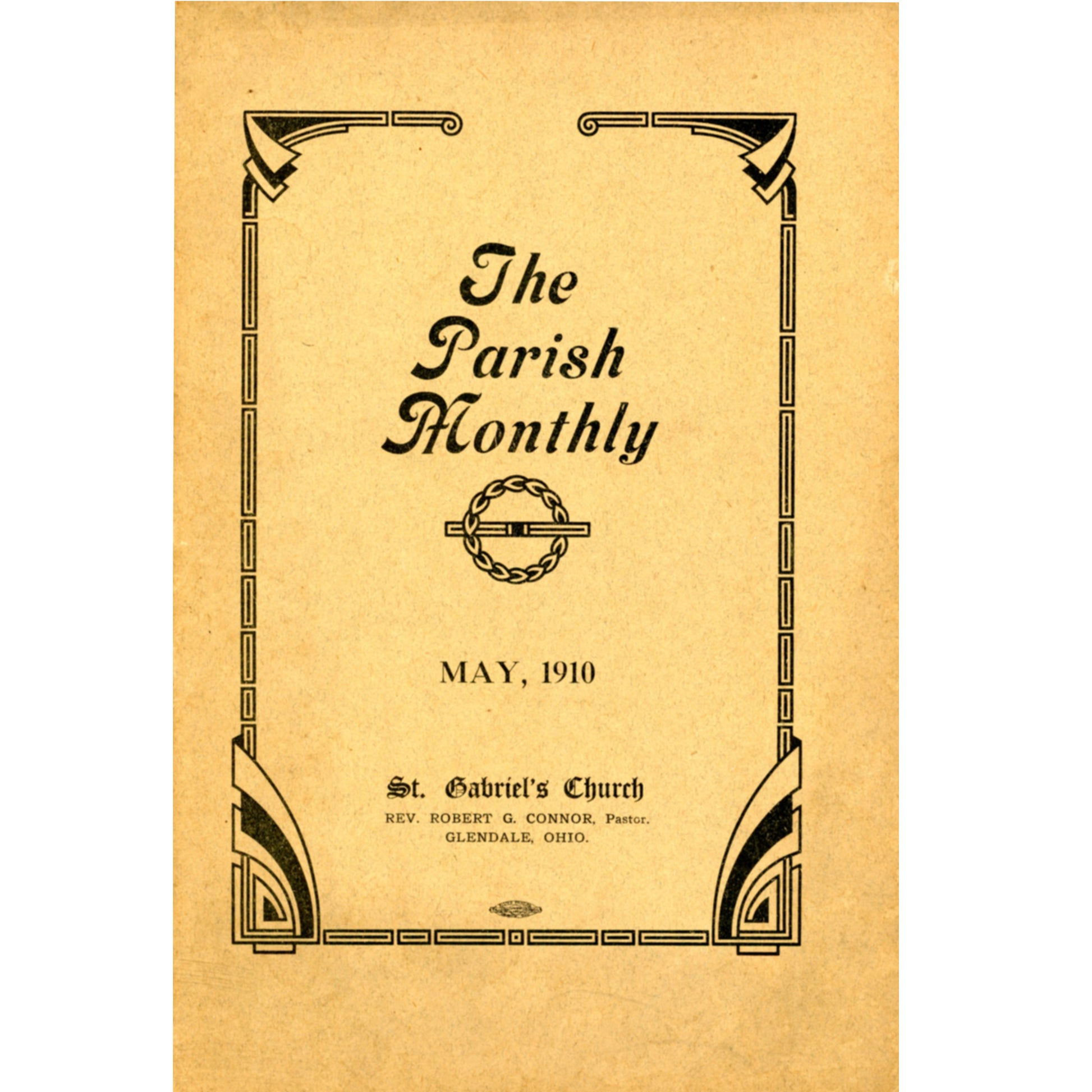Antique Catholic Parish Monthly dated May 1910 with donor lists, school records, and local history from St. Gabriel’s Church, Glendale Ohio.