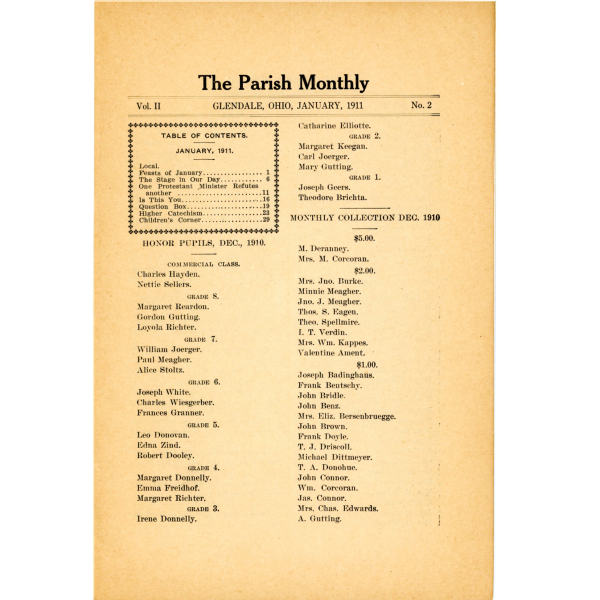 Antique Catholic Parish Monthly dated January 1911 with donor lists, school records, and local history from St. Gabriel’s Church, Glendale Ohio. Local pages