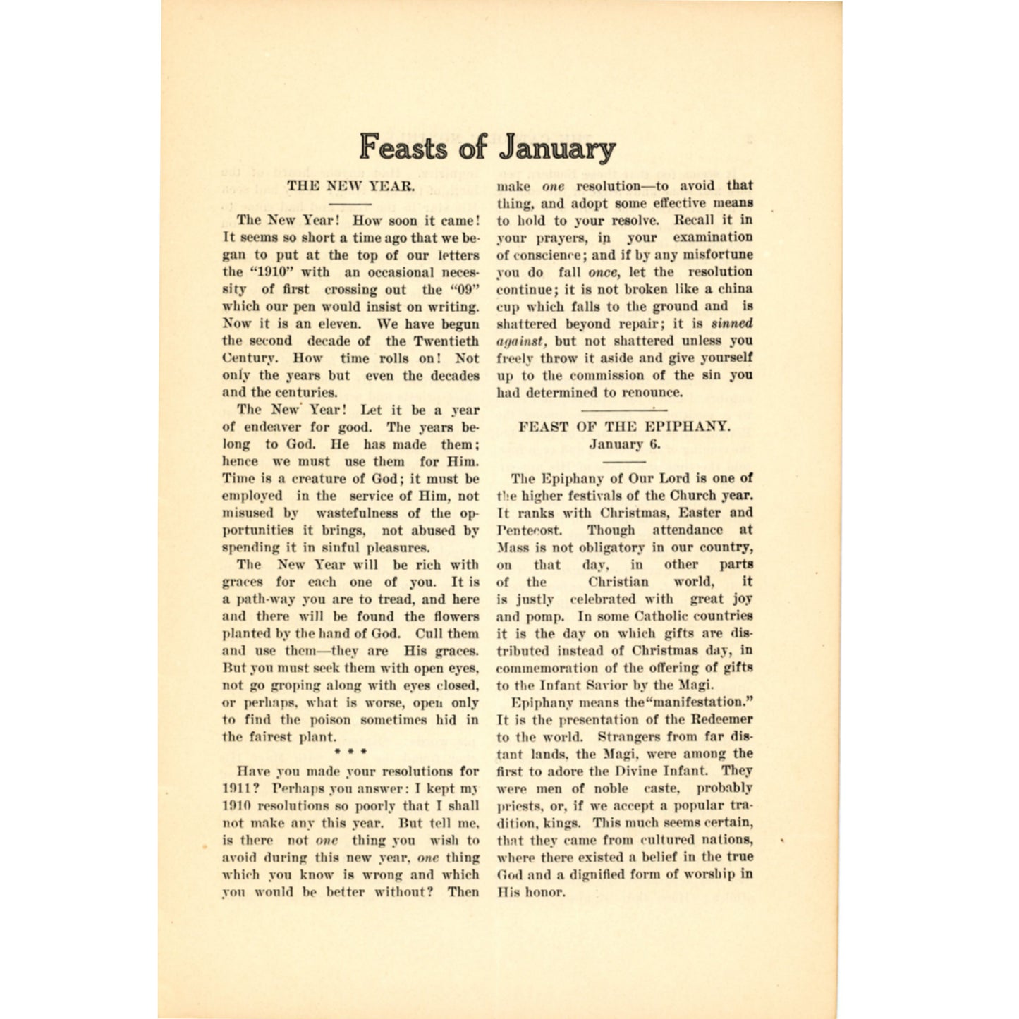 Antique Catholic Parish Monthly dated January 1911 with donor lists, school records, and local history from St. Gabriel’s Church, Glendale Ohio. Feasts of January narratives