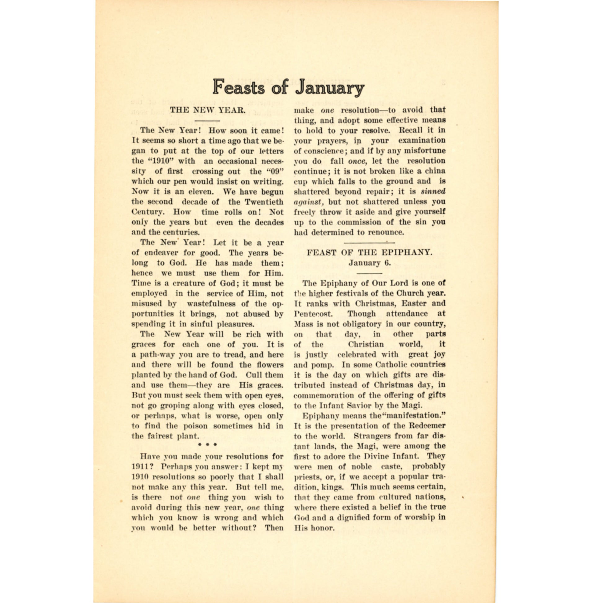 Antique Catholic Parish Monthly dated January 1911 with donor lists, school records, and local history from St. Gabriel’s Church, Glendale Ohio. Feasts of January narratives