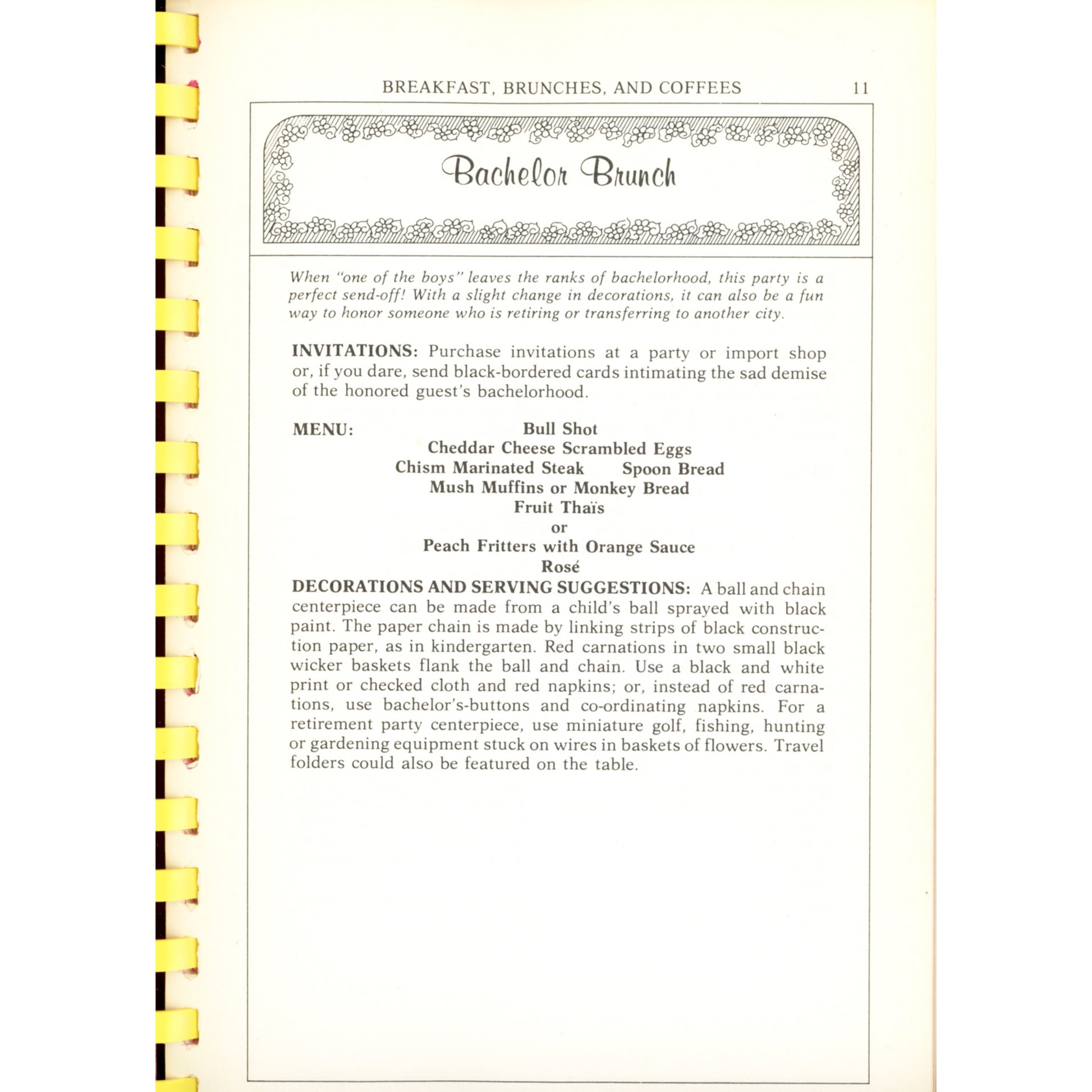 Party Potpourri Junior League of Memphis cookbook with 500+ recipes, menus, and party ideas. 1993 8th printing. Southern Living Hall of Fame winner.   Bachelor Brunch Menu