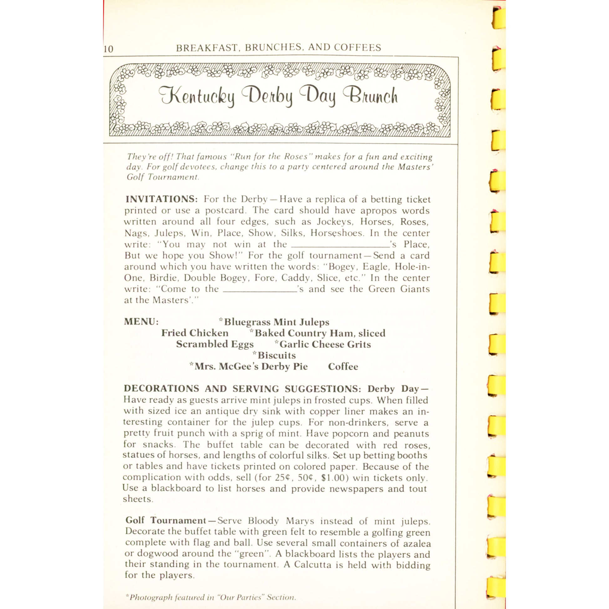 Party Potpourri Junior League of Memphis cookbook with 500+ recipes, menus, and party ideas. 1993 8th printing. Southern Living Hall of Fame winner.  Kentucky Derby Brunch Menu