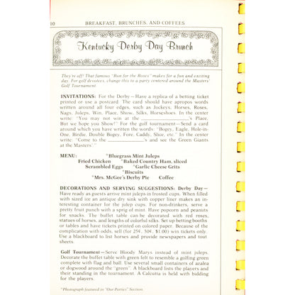 Party Potpourri Junior League of Memphis cookbook with 500+ recipes, menus, and party ideas. 1993 8th printing. Southern Living Hall of Fame winner.  Kentucky Derby Brunch Menu