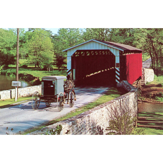 Paradise Covered Bridge and Amish Carriage - Lancaster County Melvin Horst Chrome Era Postcard