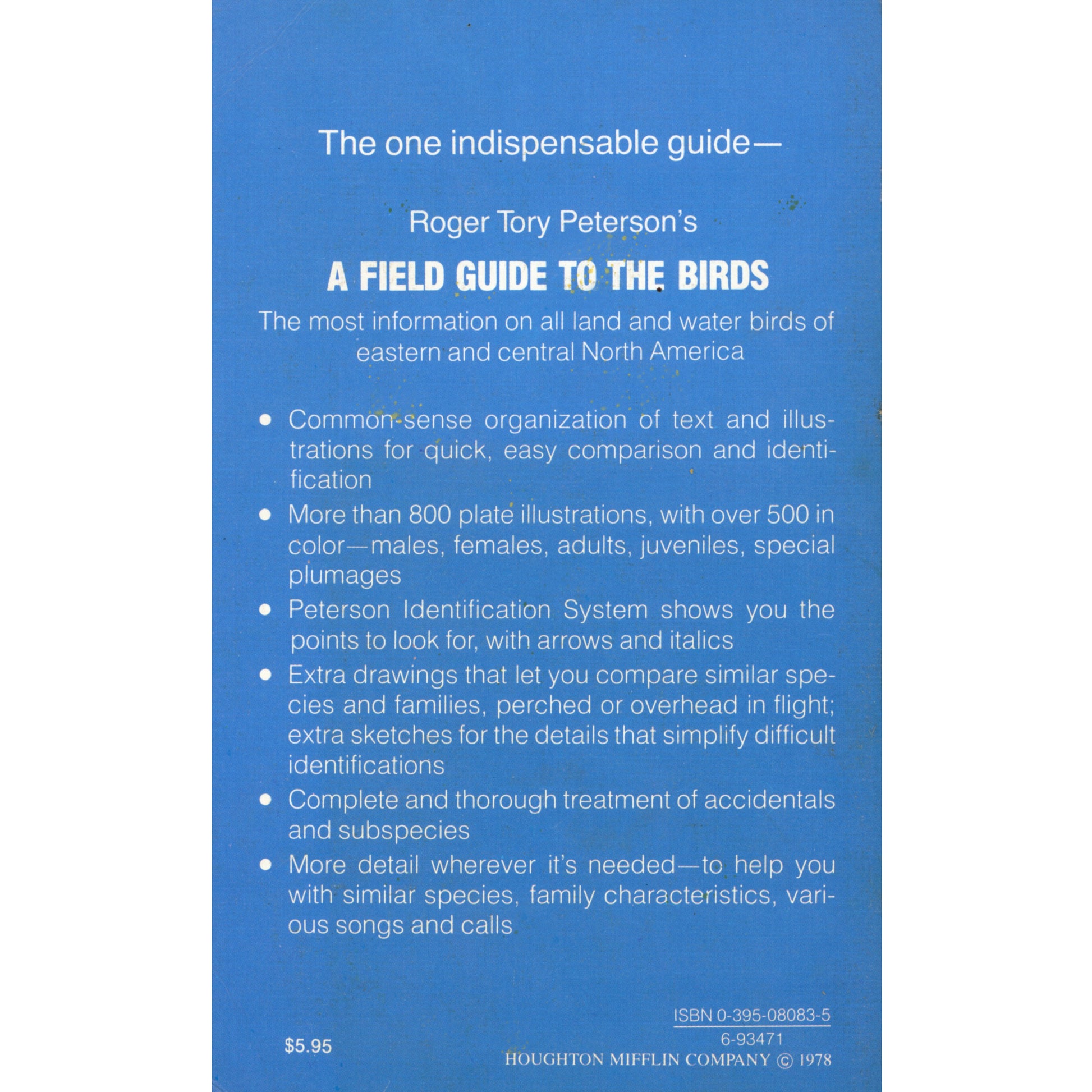 Vintage Peterson Field Guide to Birds (Eastern), c.1950s printing. Audubon edition with color plates (Back cover)