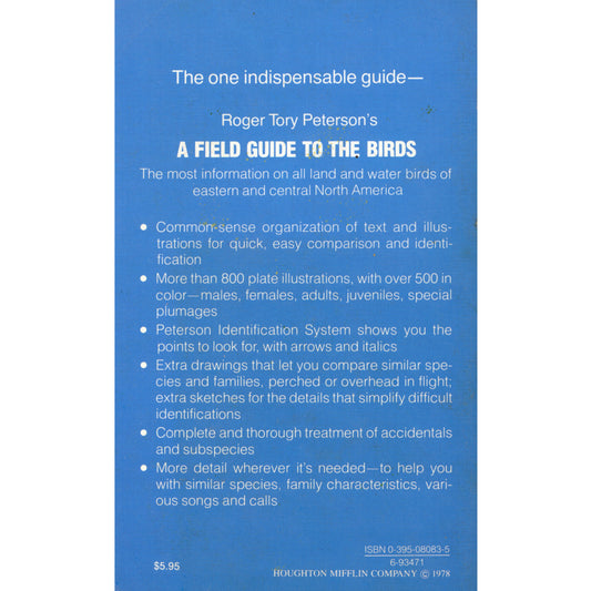 Vintage Peterson Field Guide to Birds (Eastern), c.1950s printing. Audubon edition with color plates (Back cover)