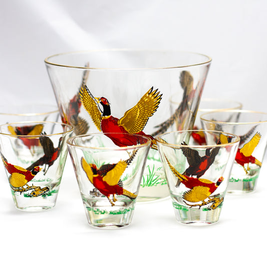 Hazel-Atlas Vintage Pheasants Barware Set – Ice Bucket and 6 Whiskey Glasses