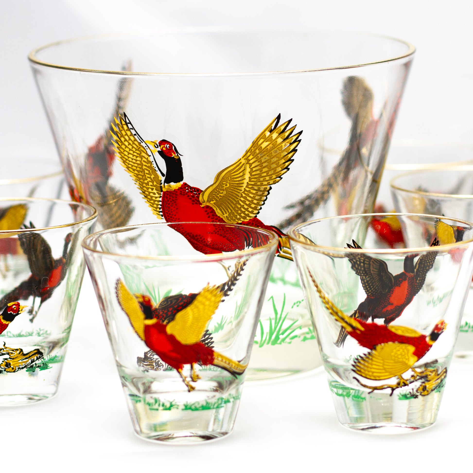 Hazel-Atlas Vintage Pheasants Barware Set – Ice Bucket and 6 Whiskey Glasses Close-up