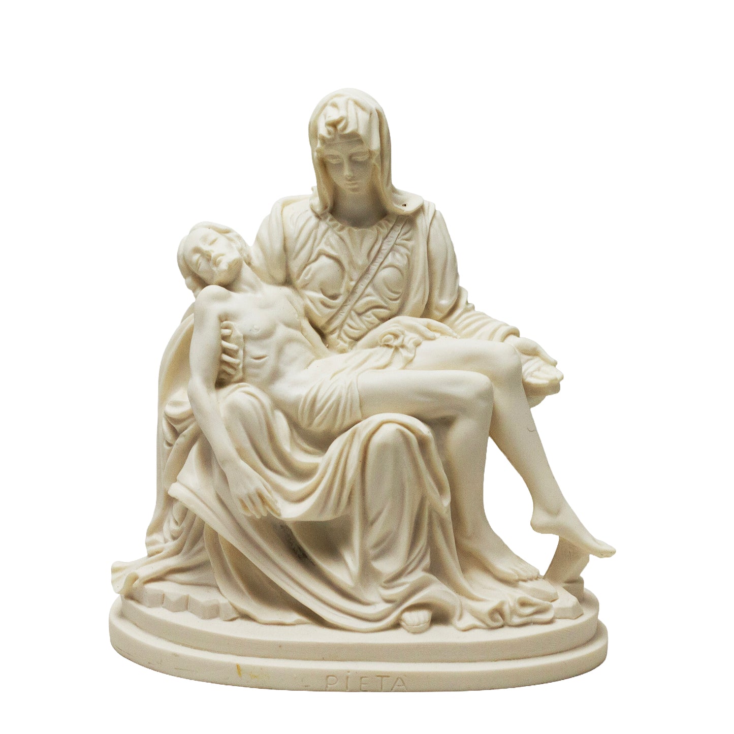 Ivory resin Pietà statue after Michelangelo. 7-inch religious sculpture with detailed drapery. Front